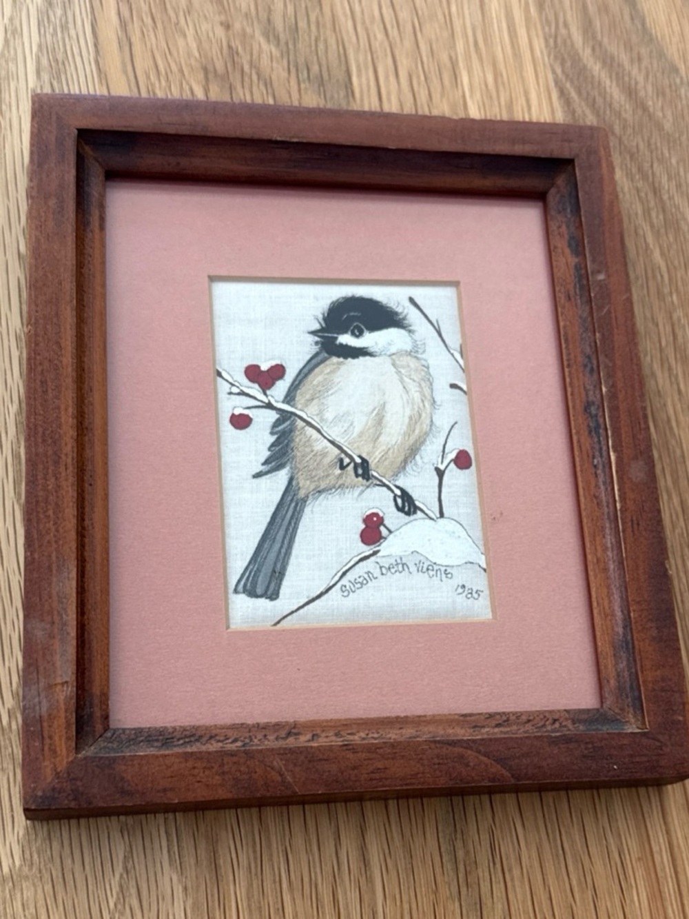 Sweet Little Chickadee Bird Painting & Ink Art on Fabric. Signed, Framed